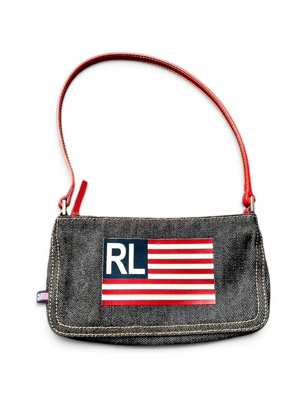 Polo by Ralph Lauren Denim Mini Bag with Red Strap and Flag Patch